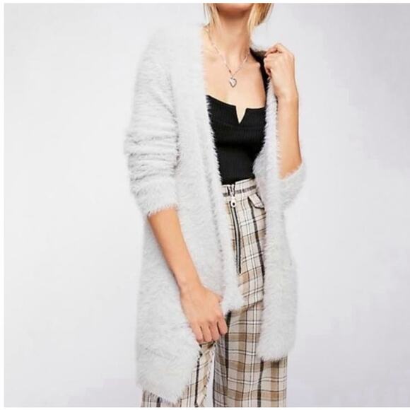 Free People Gray Faux Fur Open Front Cardigan Sweater Size Large - Picture 1 of 10